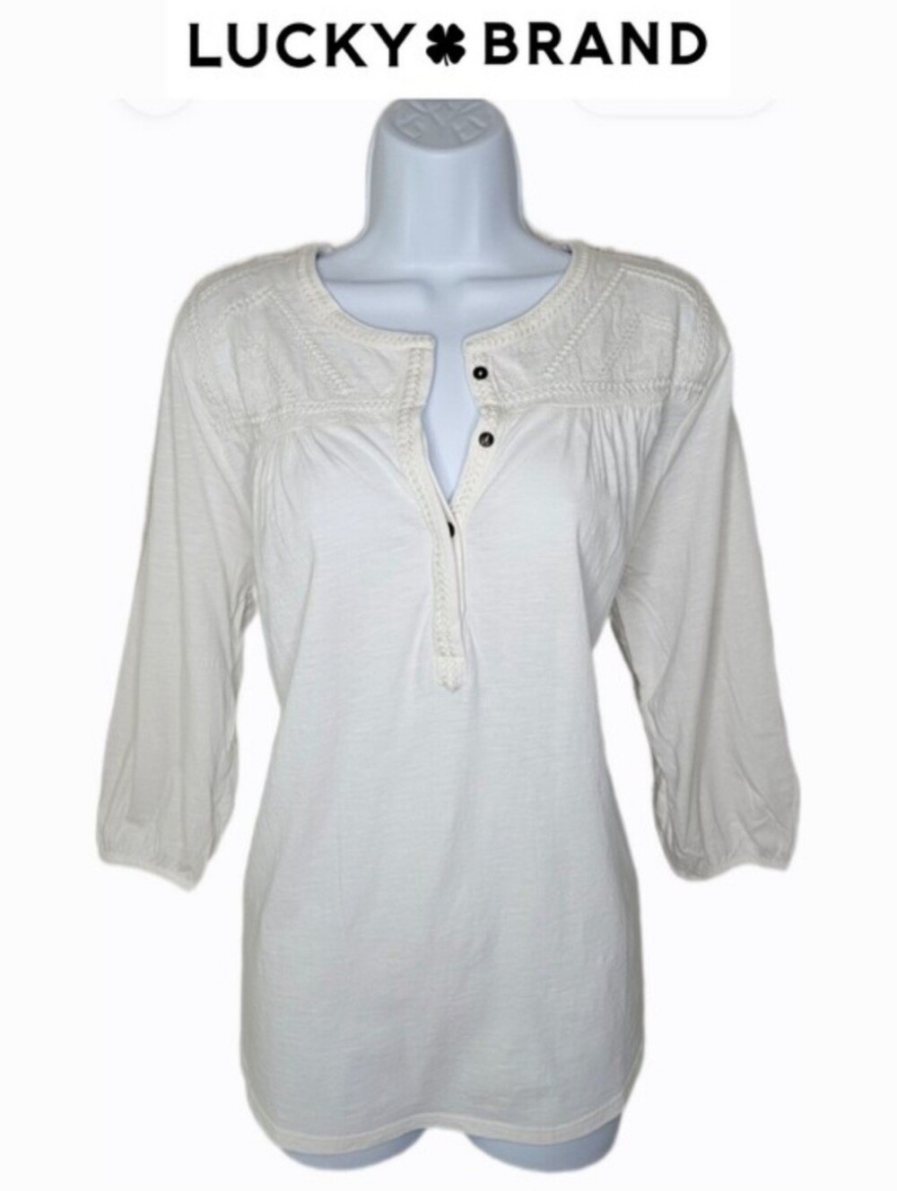 NWT Lucky Brand Women's Boho Embroidered 3/4 Sleeve Button Top Marshmallow White